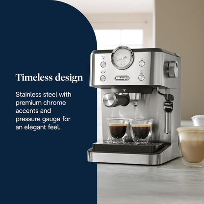 De'Longhi Classic EM450.M, Manual Coffee Machine with Steam Wand, Barista Pump Espresso Machine, Cappuccino Nozzle, Double Wall Filter Basket, 15bar, Fit Mug Up to 13cm, Stainless Steel/Metal